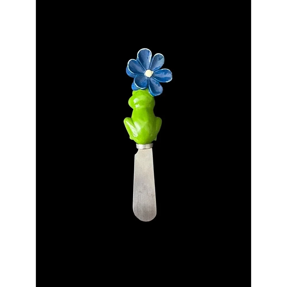 Frog Flower Cheese Spreader Knife Green Blue Stainless Steel Whimsical Decor